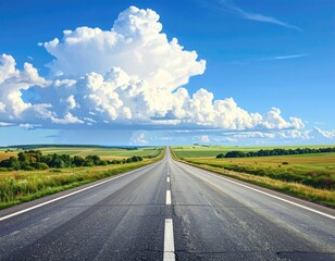 Endless asphalt road under bright sky with puffy cloud