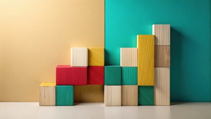 Colorful Wooden Blocks Arranged in an Ascending Pattern Against a Two-Toned Background