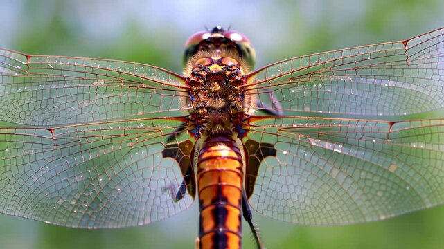 Macro view of dragonfly wings, body detail, blurred green background, nature study use