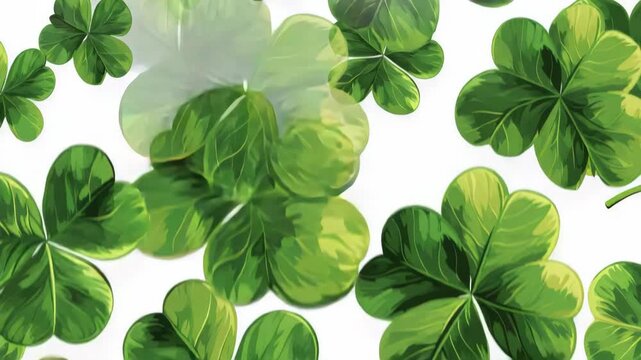Green four-leaf clovers arranged diagonally against a white background, perfect for St. Patrick's day celebrations or Irish-themed decorations.