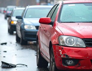 Bumper damage on red car, cars line city street