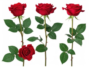Three upright, one lying red roses. Leaves. White back