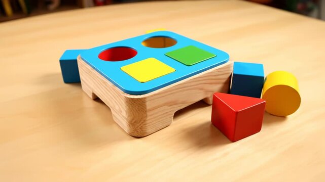 A colorful wooden shape sorter toy sits on a light table. Bright blocks are scattered around, ready for playful learning.