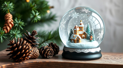 Festive christmas snow globe with miniature village and pine cones beside a decorated evergreen tree, christmas, snow globe, winter, holiday, decoration, ornament, village, miniature, scene, house