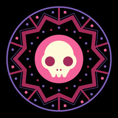 Decorative Skull Icon in a Round Frame, Spooky Halloween Design, Vector Illustration