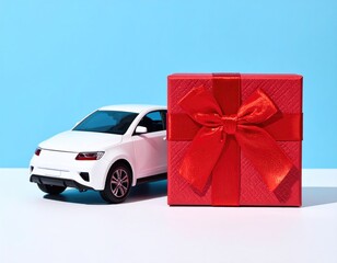 Car gift white toy car beside a red, bow-tied gift box