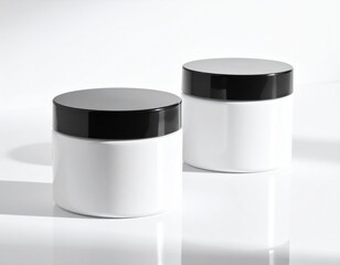 Two glossy white jars with black lids on a white background