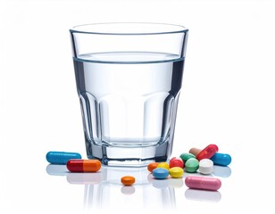 Water glass, pills on white. Isolated, bright scene