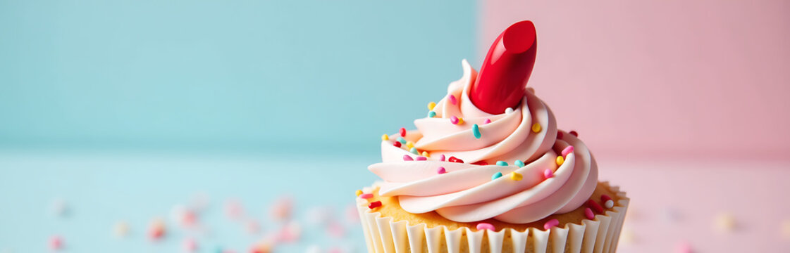 vibrant shot bright red lipstick placed top swirled frosting surrounded tiny multicolored cake