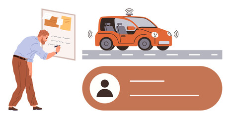 Developer writing on board, self-driving car on road with sensors, user profile interface. Ideal for technology, innovation, automation, planning, transportation, user experience simple flat
