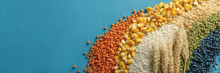 A blue background with a variety of different colored grains of rice and beans