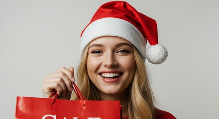 Woman smiling wearing santa hat holding red shopping bag with sale text in front of white backdrop