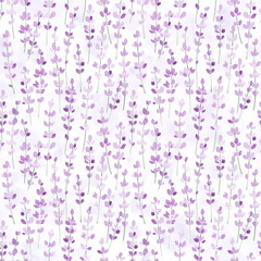 Elegant lavender seamless pattern. Lavender flowers hand drawn with watercolor. Floral lavender background for textile, fabric, clothing, packaging