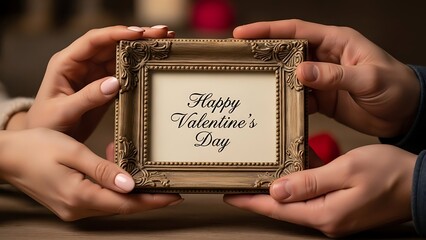 Romantic close-up of two people tenderly holding an ornate vintage frame featuring a beautifully written ‘Happy Valentine’s Day’ message, symbolizing love, connection, and heartfelt celebration