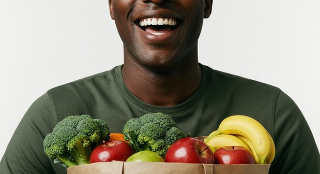 Smiling man holding a bag filled with fresh produce including broccoli apples and bananas - Powered by Adobe