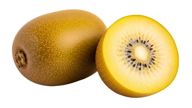 Golden kiwi fruit whole and half isolated on transparent background