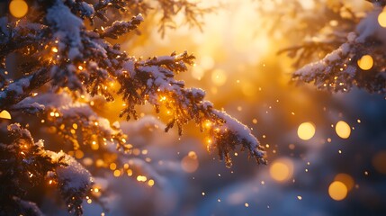 Holiday spirit scene with snowy branches and golden glow