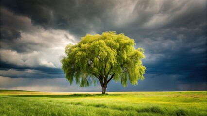 Obraz premium Serene Weeping Willow in a Verdant Meadow Under a Dramatic, Imposing Sky