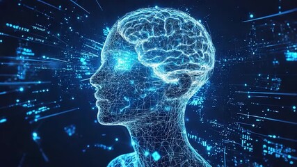 Digital Brain AI Head with Glowing Data Streams Futuristic Technology Concept. - Powered by Adobe