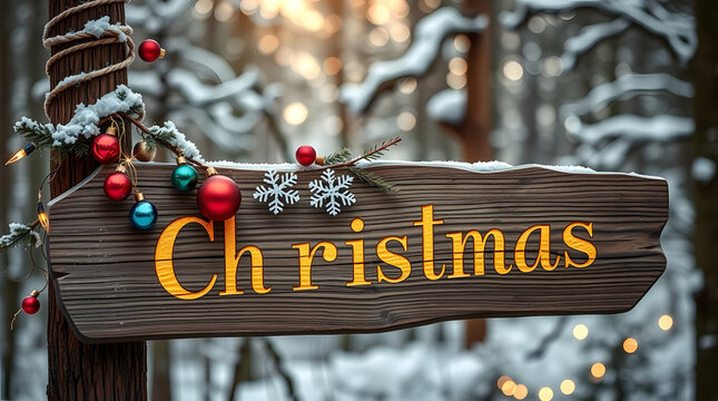 Rustic wooden christmas sign adorned with ornaments and snowflakes in a snowy forest setting,christmas, sign, wooden, rustic, ornaments, snowflakes, forest, winter, snowy, decoration, holiday