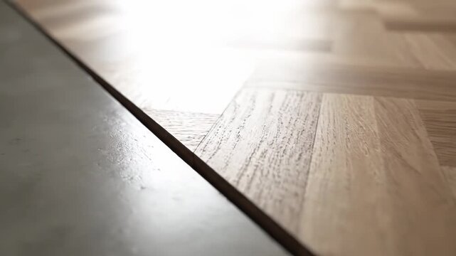 Close-up shows a modern floor transition between concrete and wood. Bright light illuminates the textured herringbone pattern on the wooden floor.