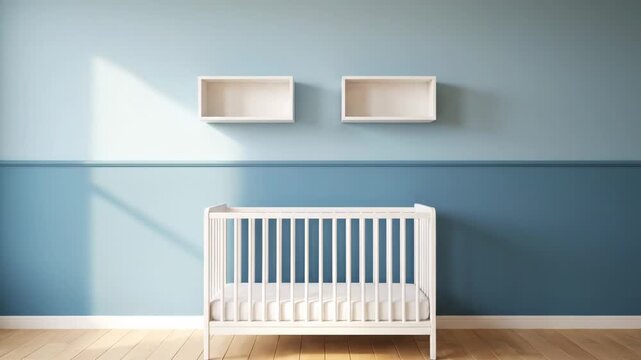 An empty, serene nursery features a white crib and shelves. Sunlight illuminates the two-tone blue walls and wooden floor.