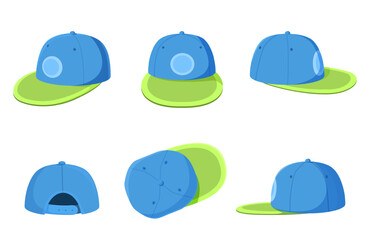 Baseball cap. Sport head apparel, trendy stylish accessory for manager, merchandiser, promoter, volunteer. Isolated hat different side view, sapid vector set