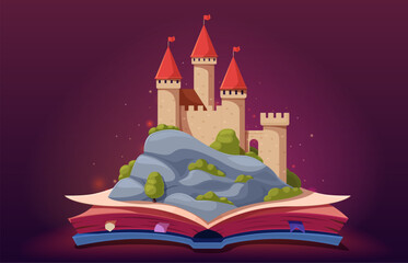 Naklejka premium Open book with castle on rock. Fairytale notebook, magic scene, imagination metaphor. Literature for children template background, sapid vector design
