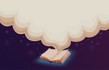 Empty cloud from open book. Banner for library, education, diploma template design. Reading books and imagination, fantasy sapid vector scene