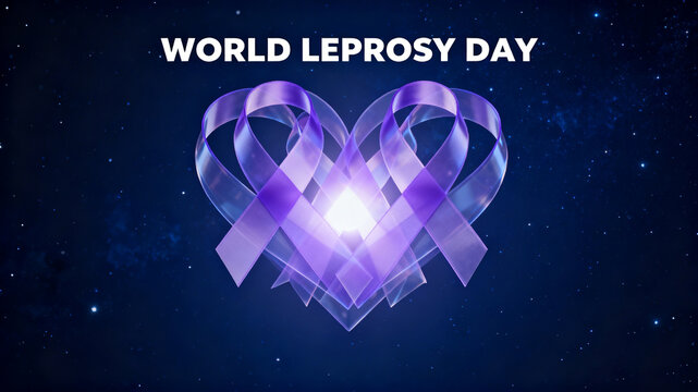 The heart-shaped purple ribbon under the starry sky represents care for leprosy patients and is suitable for public welfare promotion or holiday commemorative scenes.
