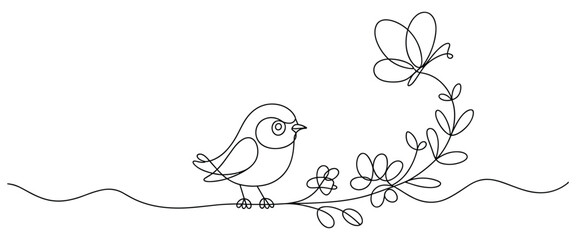 Minimalist Single Line Drawing of a Bird on a Branch with a Butterfly and Flowers