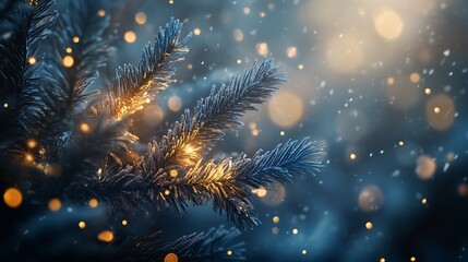 Sparkling lights over winter pine branches in celebration mood