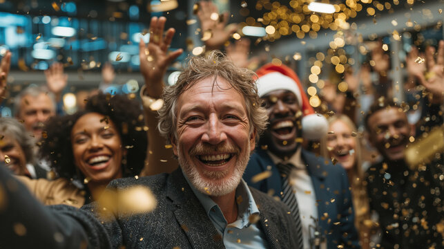 Diverse group celebrating at christmas holiday party with joyful expressions and festive new year decorations