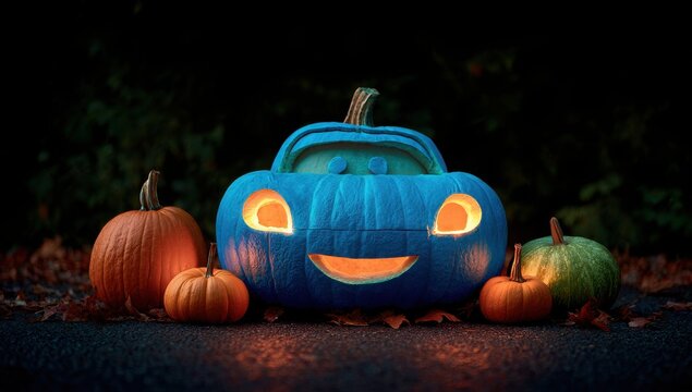A blue car with a pumpkin on top of it is surrounded by pumpkins