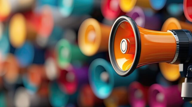 Vibrant Megaphones in Various Colors Communicating Messages with Focus on an Orange Megaphone Detailed Sound Device Amplifying Voice Announcements Information Gathering Crowd Noise
