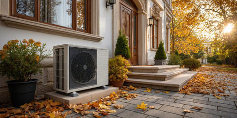Obraz premium Autumn outdoor heat pump next to elegant house entrance amidst fall foliage