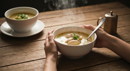 Warm hands holding a steaming bowl of soup on a rustic wooden table, another bowl near