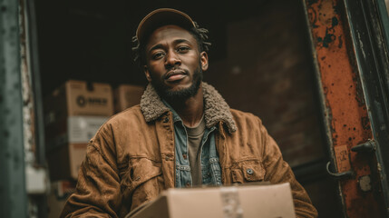 African american delivery worker holding package in warehouse truck