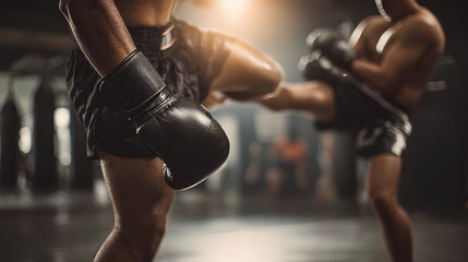 Realistic fight moment knee strike to pad, power action, gym background