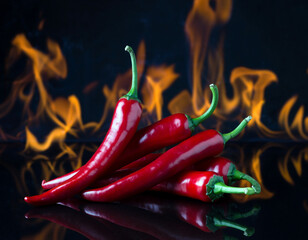 red chili peppers with green stems in front of fire on a black background. Ai