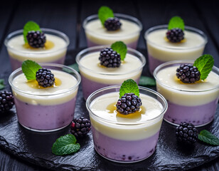 Several servings of two-layer blackberry panna cotta arranged on a dark slate surface. Ai