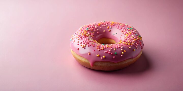 A single pink glazed donut with colorful sprinkles rests on a pale pink background