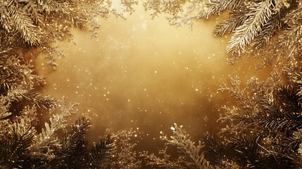 Golden winter sparkles and pine garland in festive background
