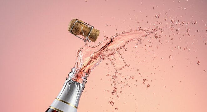 Close up of a champagne bottle with cork popping and liquid splashing against pink background - Powered by Adobe
