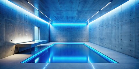 Fototapeta premium Subterranean Serenity An Indoor Pool's Modern Concrete Design with Ambient Blue Lighting
