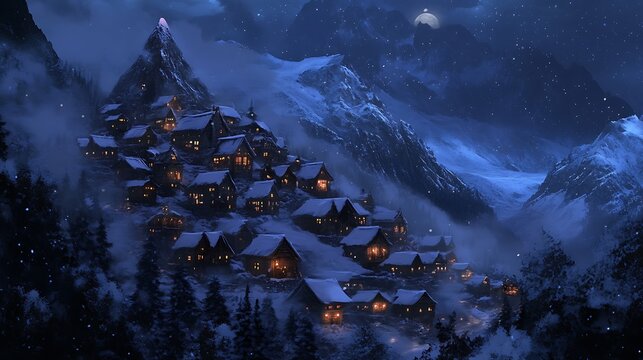 Peaceful mountain village with snow covered rooftops at night