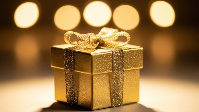 Elegant gold gift box on a festive background - Powered by Adobe