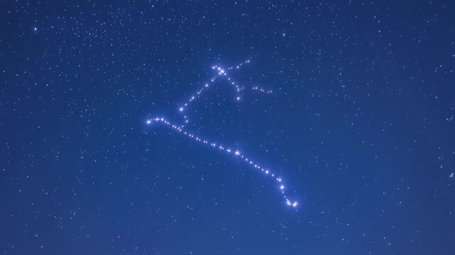 A clear night sky with a constellation of bright stars. A pattern of linked stars in a dark blue sky