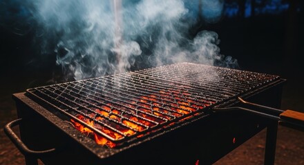 Empty barbecue grill with glowing coals and smoke rising at night