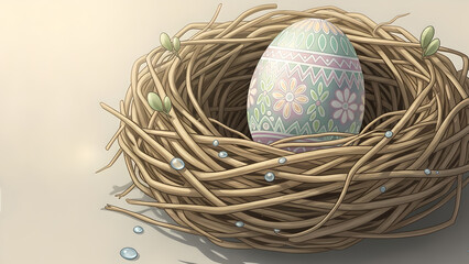 Easter egg resting in a decorative nest with gentle background  
